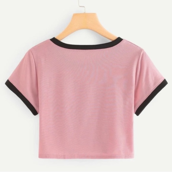ROMWE Women’s Short-Sleeve Baseball Pattern Cropped Shirt - pink & black, size L - Picture 2 of 7